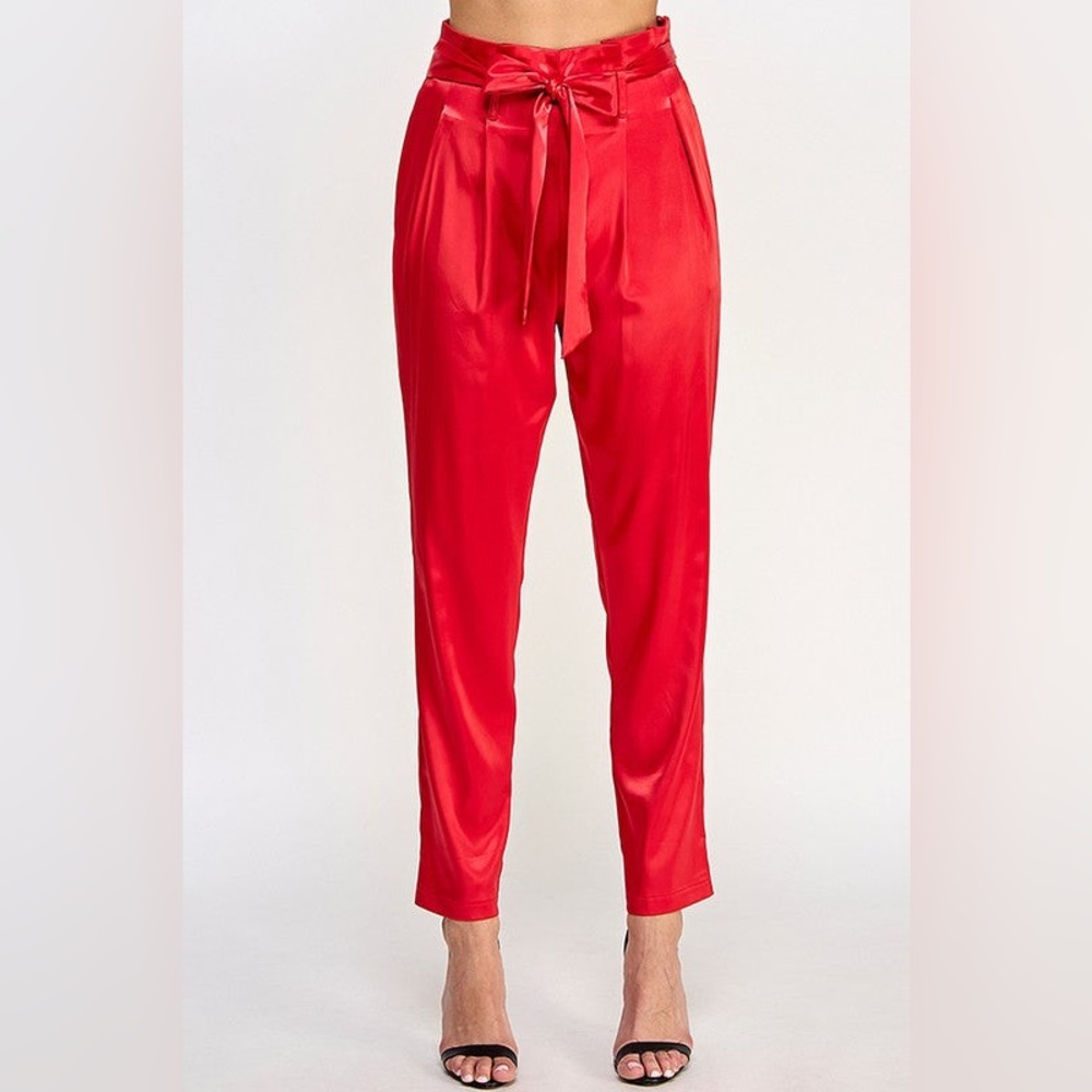 Red Satin Paperbag Waist Trousers